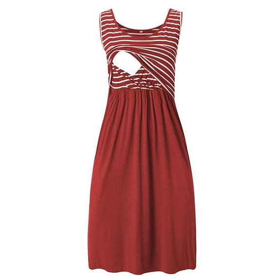 GORHGORH Women Contrast Stitching Striped Sleeveless Round Neck Breastfeeding Nursing Maternity Dress