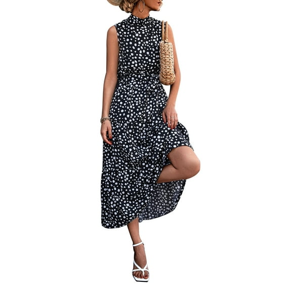 GORHGORH Women Polka Dot Print Sleevless Casual Midi Length Tank Dress