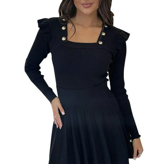 GORHGORH Women Ruffle Solid Color Square Neck Long Sleeve Slim T-Shirt