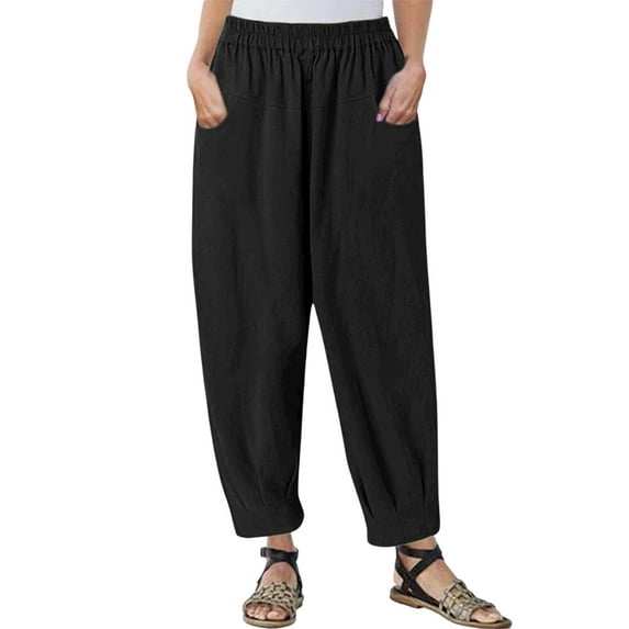 GORHGORH Women Solid Color Elastic Waist Cotton Linen Casual Harem Pant