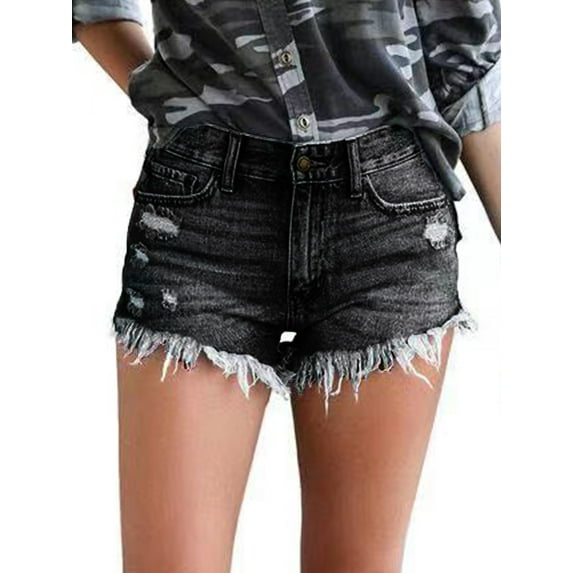 GORHGORH Women Washed Jeans Pockets Solid Color Mid Waist Casual Denim Shorts Ripped Jeans