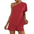 thumbnail image 1 of GORHGORH Women's 2 Piece Outfits Summer Casual Pure Color One Shoulder T-Shirt Tops Shorts, 1 of 3