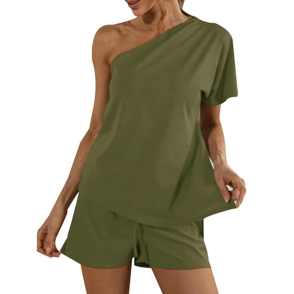 GORHGORH Women's 2 Piece Outfits Summer Casual Pure Color One Shoulder T-Shirt Tops Shorts