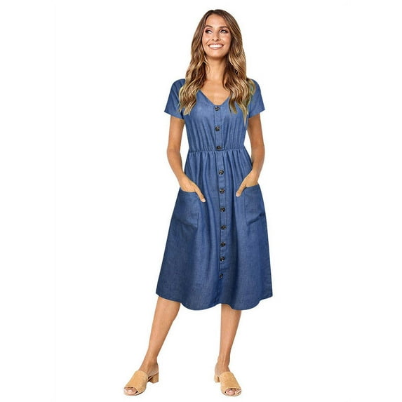 GORHGORH Women's A-Line Dress Elasticised Waist Short Sleeve V-Neck Solid Color Button Dress