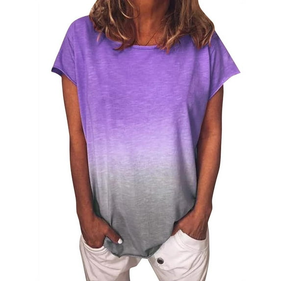GORHGORH Women's Gradient Contrast Short Sleeve Round Neck Loose Fit Casual T-Shirt Top