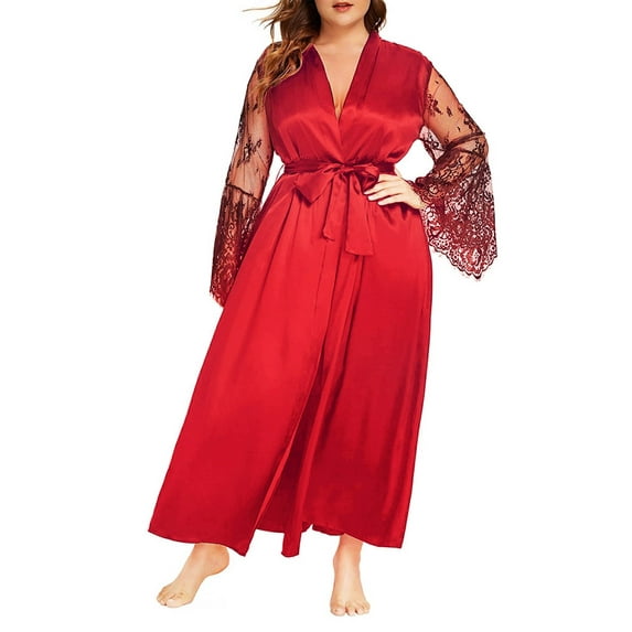 GORHGORH Women's Plus Size Pajamas Satin Solid Color Long Sleeve Lace Stitching Bow Robe Sleepwear