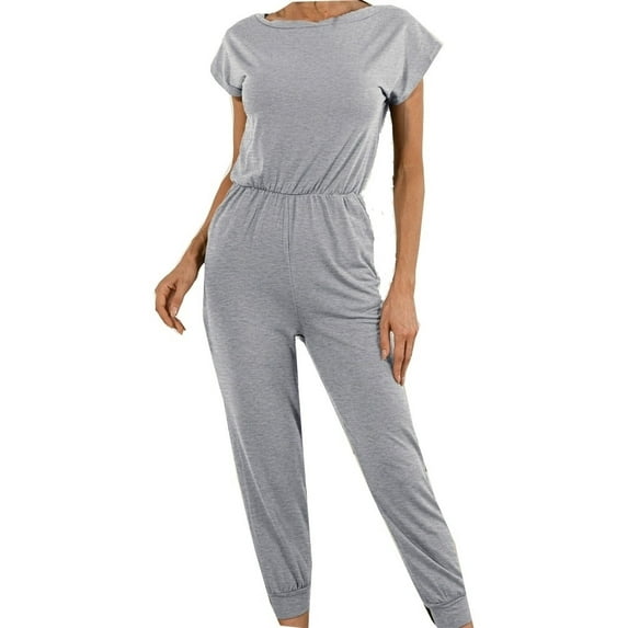 GORHGORH Women's Summer Casual Bodysuit Cold Shoulder Short Sleeve Round Neck Pure Color Jumpsuit