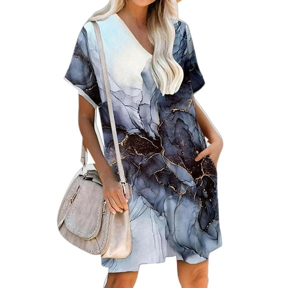 GORHGORH Women's Summer Floral Print Short Sleeve V-Neck Casual T-Shirt Dress