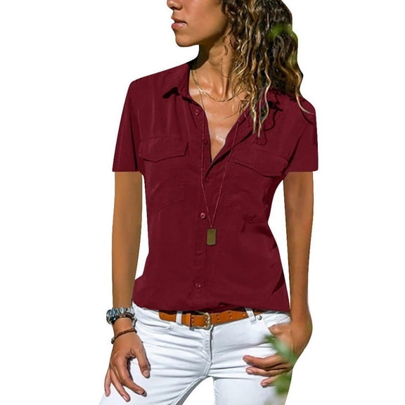 GORHGORH Women's T-Shirt Short Sleeve Lapel Neck Buttons Solid Color Collared Blouse Tops