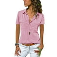 thumbnail image 1 of GORHGORH Women's T-Shirt Short Sleeve Lapel Neck Buttons Solid Color Collared Blouse Tops, 1 of 3