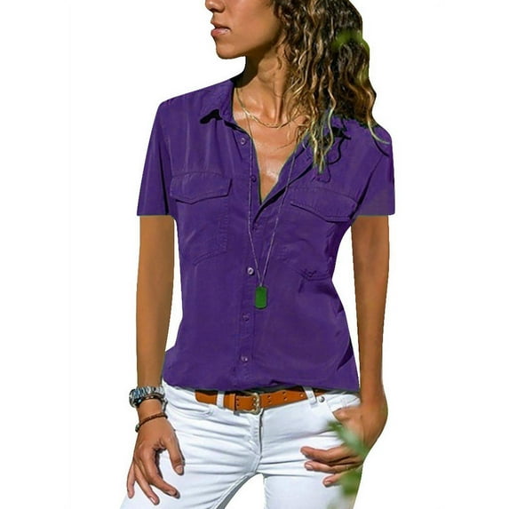 GORHGORH Women's T-Shirt Short Sleeve Lapel Neck Buttons Solid Color Collared Blouse Tops
