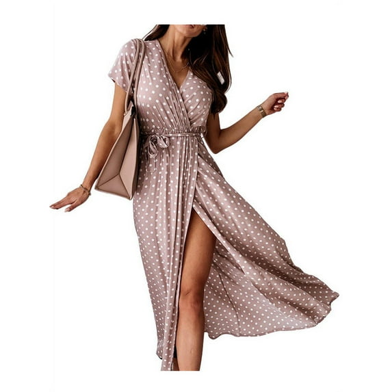GORHGORH Women's Wrap Dress Polka Dot V-Neck Short Sleeve Summer Side Split Maxi Dress
