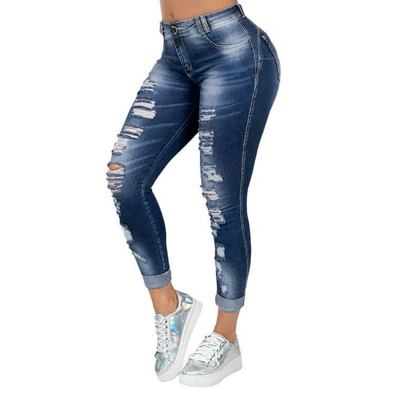 GORHGORH Womens Casual Denim Pant Solid Color High Waist Skinny Full-length Ripped Jeans