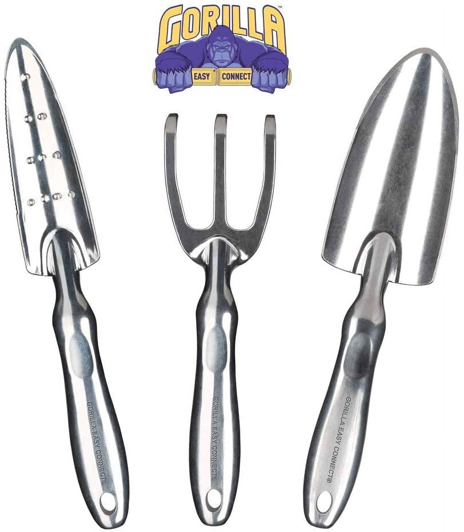 GORILLA EASY CONNECT Heavy Duty Garden Tools with Digging Trowel, Transplant Trowel and Cultivator Hand Rake.