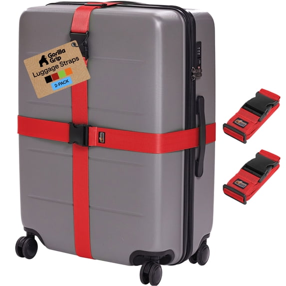 GORILLA GRIP 2 Pack Adjustable Luggage Straps for Suitcases, Travel Belt Connector, Red