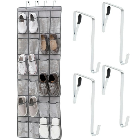 GORILLA GRIP 24 Pocket Over the Door Shoe Organizer, Clear PVC Pockets, Up to 40 Pounds, Hang on Doors, 1 Pack, Gray