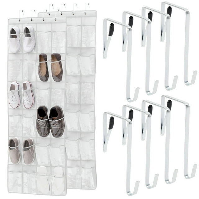GORILLA GRIP 24 Pocket Over the Door Shoe Organizer, Clear PVC Pockets, Up to 40 Pounds, Hang on Doors, 2 Pack, White