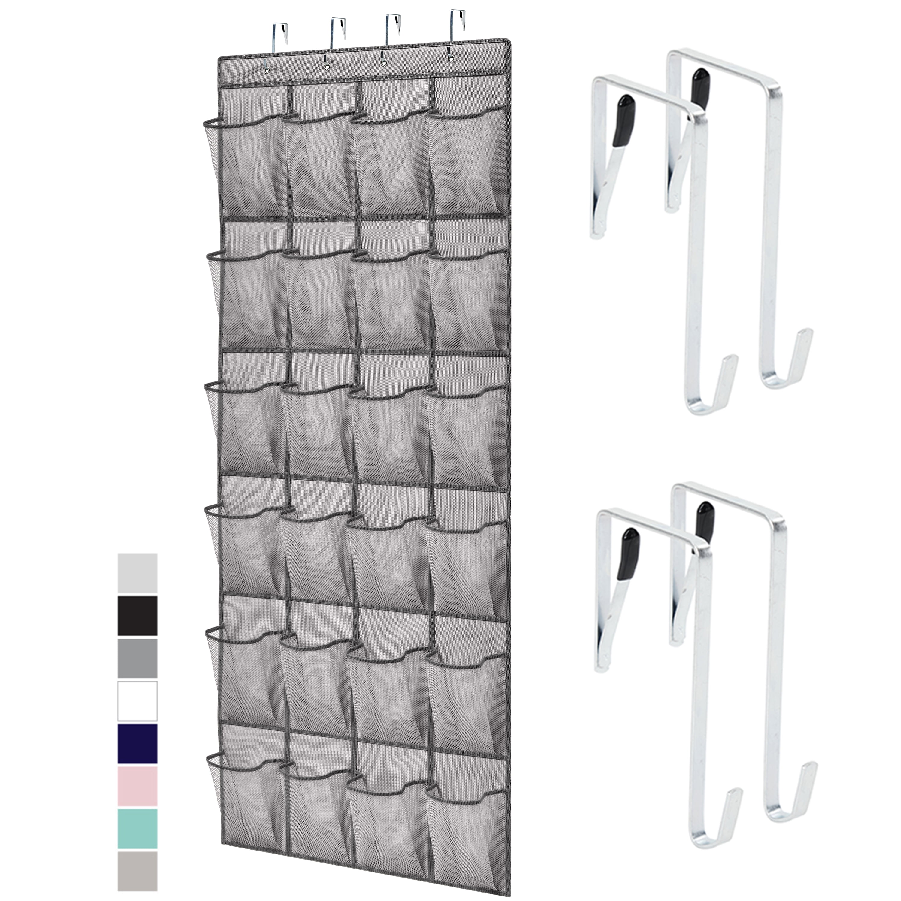 GORILLA GRIP 24 Pocket Over the Door Shoe Organizer, Mesh Pockets, Up to 40 Pounds, Hang on Doors, Gray Dark Gray Trim