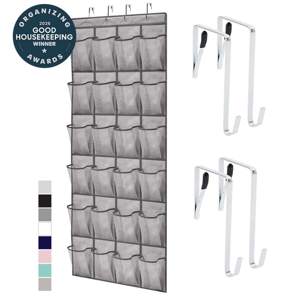 GORILLA GRIP 24 Pocket Over the Door Shoe Organizer, Mesh Pockets, Up to 40 Pounds, Hang on Doors, Gray Dark Gray Trim