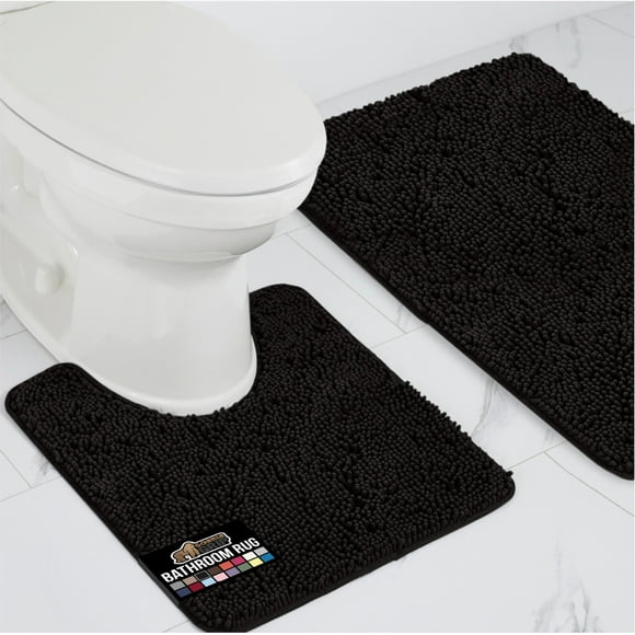 GORILLA GRIP Bathroom Rug and Toilet Base Floor Rugs Set, Quick Dry Plush Chenille, 30x20 Carpet, Black