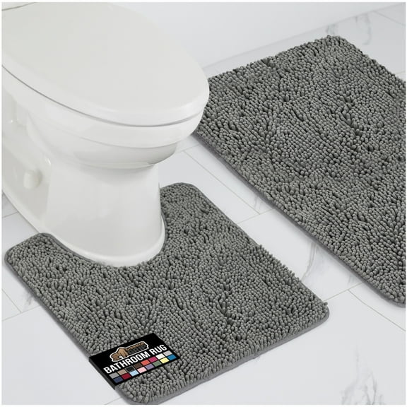 GORILLA GRIP Bathroom Rug and Toilet Base Floor Rugs Set, Quick Dry Plush Chenille, 30x20 Carpet, Gray