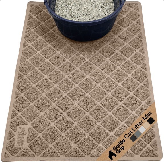 GORILLA GRIP Cat Litter Box Mat, 35x23, Water Resistant Kitty Litter Trapping Mat, Textured Backing, Easy to Clean, Less Waste and Clean Floors, Kitten Supplies for Indoor Cats, Soft on Paws, Beige