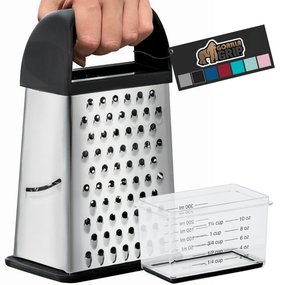 GORILLA GRIP Cheese Grater, BPA Free Stainless Steel Box Graters, Cheeses and Veggie Shredder, Black