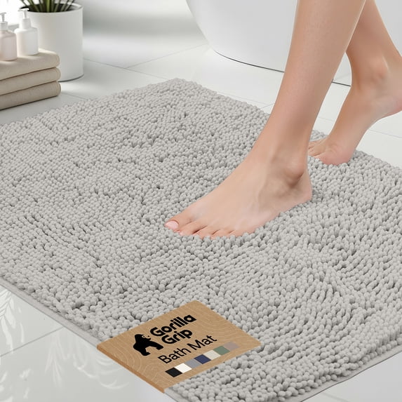 GORILLA GRIP Chenille Bath Rug 24x16, Rubber Back Quick Dry Washable Microfiber Bathroom Mats, Light Gray