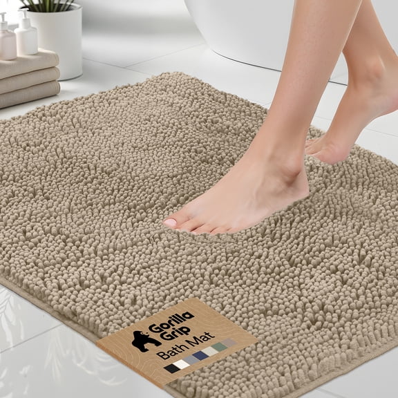 GORILLA GRIP Chenille Bath Rug 24x17, Rubber Backing Quick Dry Washable Microfiber Mats, Beige