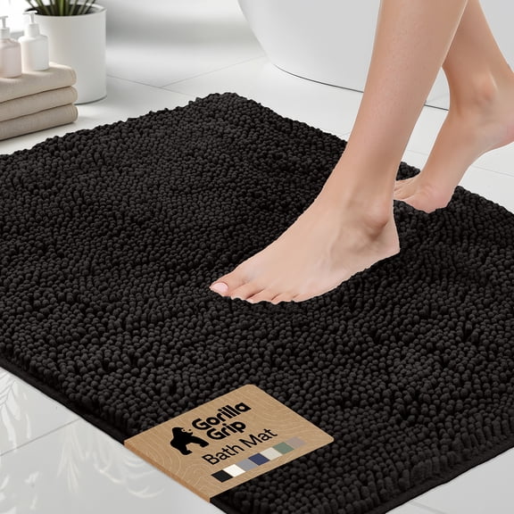 GORILLA GRIP Chenille Bath Rug 24x17, Rubber Backing Quick Dry Washable Microfiber Mats, Black