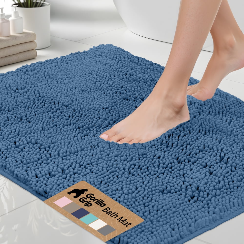 GORILLA GRIP Chenille Bath Rug 24x17, Rubber Backing Quick Dry Washable Microfiber Mats, Blue