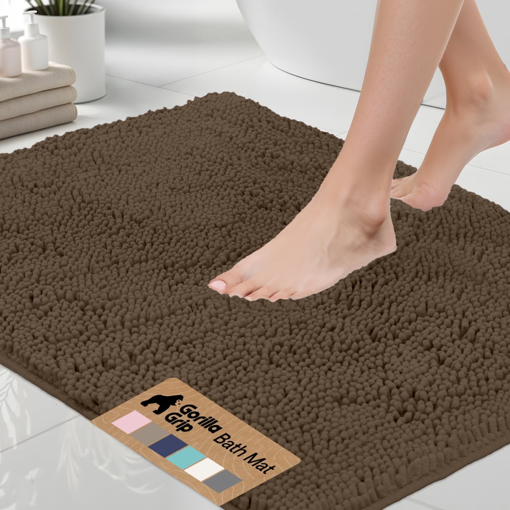 GORILLA GRIP Chenille Bath Rug 24x17, Rubber Backing Quick Dry Washable Microfiber Mats, Brown