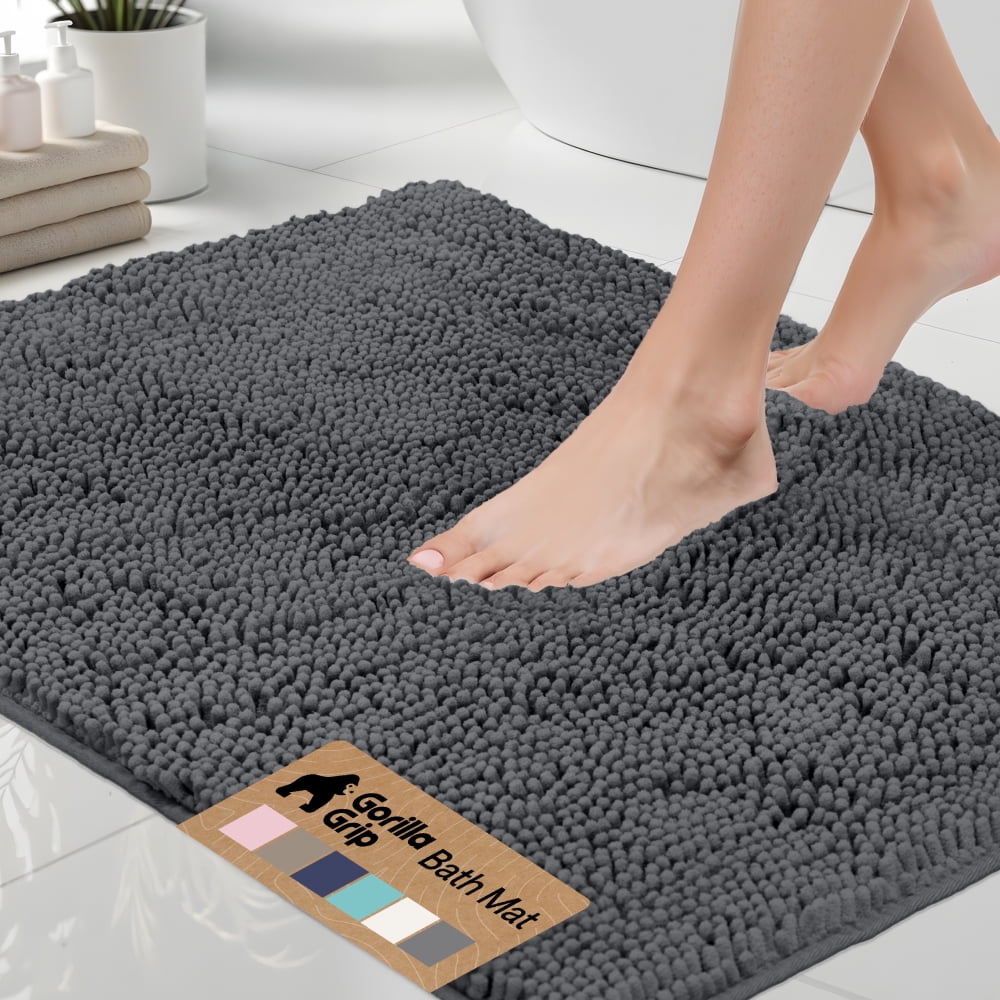 GORILLA GRIP Chenille Bath Rug 24x17, Rubber Backing Quick Dry Washable Microfiber Mats, Charcoal