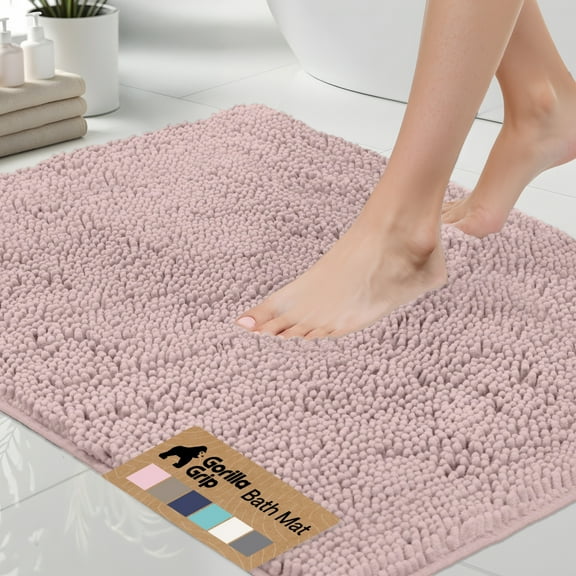 GORILLA GRIP Chenille Bath Rug 24x17, Rubber Backing Quick Dry Washable Microfiber Mats, Dusty Rose