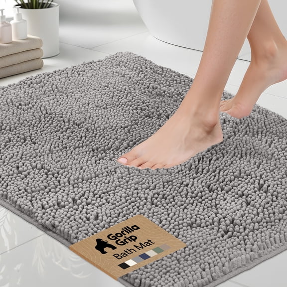 GORILLA GRIP Chenille Bath Rug 24x17, Rubber Back Quick Dry Washable Microfiber Bathroom Mats, Grey