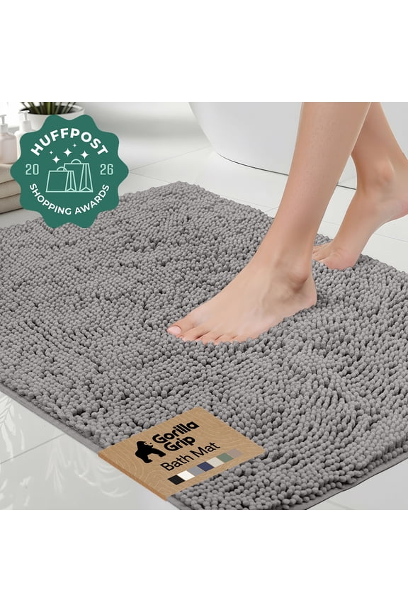 Chenille Bath Rug 24x17, Rubber Back Quick Dry Washable Microfiber Bathroom Mats, Grey