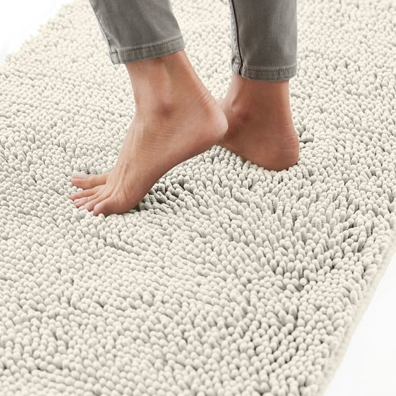 GORILLA GRIP Chenille Bath Rug 24x17, Rubber Backing Quick Dry Washable Microfiber Mats, Ivory