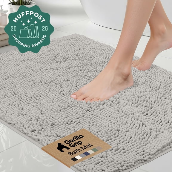 GORILLA GRIP Chenille Bath Rug 24x17, Rubber Back Quick Dry Washable Microfiber Bathroom Mats, Light Gray