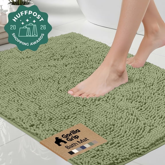 GORILLA GRIP Chenille Bath Rug 24x17, Rubber Back Quick Dry Washable Microfiber Bathroom Mats, Sage Green