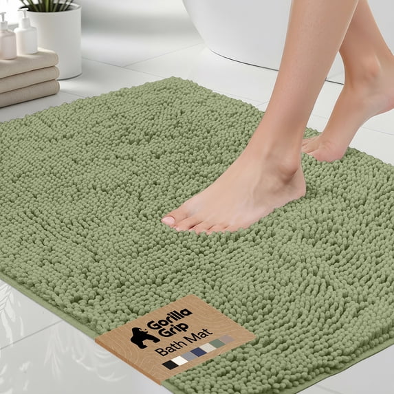 GORILLA GRIP Chenille Bath Rug 24x17, Rubber Back Quick Dry Washable Microfiber Bathroom Mats, Sage Green