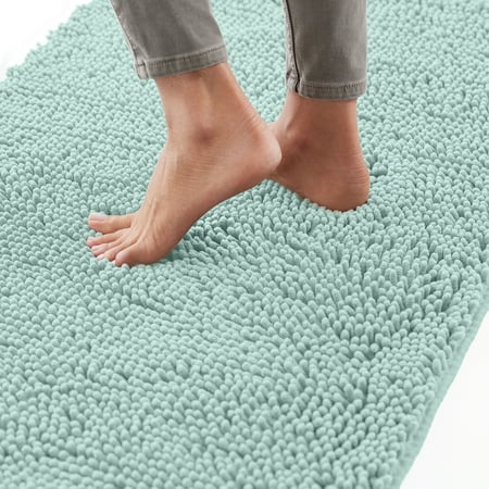 GORILLA GRIP Chenille Bath Rug 24x17, Rubber Backing Quick Dry Washable Microfiber Mats, Seablue