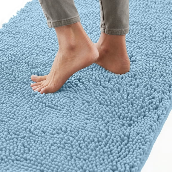 GORILLA GRIP Chenille Bath Rug 24x17, Rubber Backing Quick Dry Washable Microfiber Mats, Sky