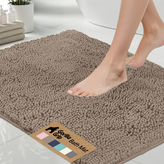 GORILLA GRIP Chenille Bath Rug 30x20, Rubber Backing Quick Dry Washable Microfiber Mats, Beige