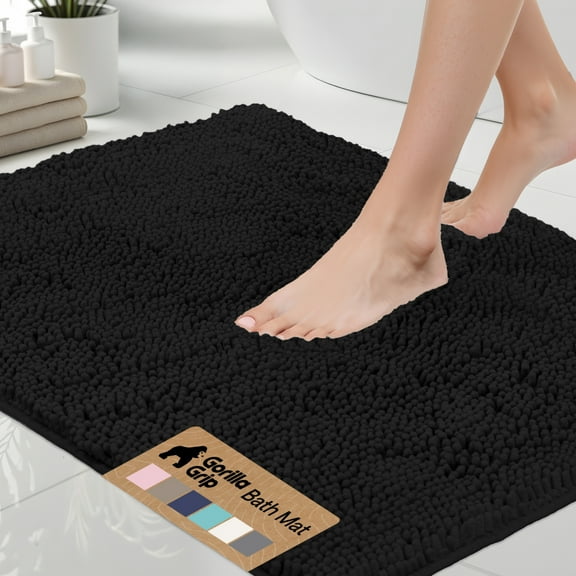 GORILLA GRIP Chenille Bath Rug 30x20, Rubber Backing Quick Dry Washable Microfiber Mats, Black