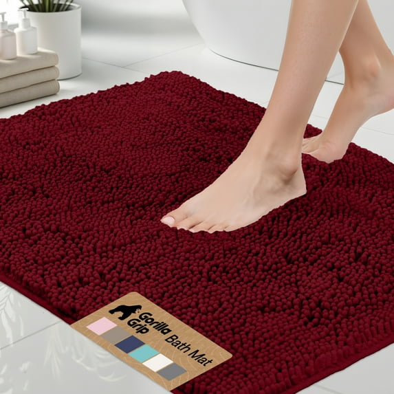 GORILLA GRIP Chenille Bath Rug 30x20, Rubber Backing Quick Dry Washable Microfiber Mats, Burgundy
