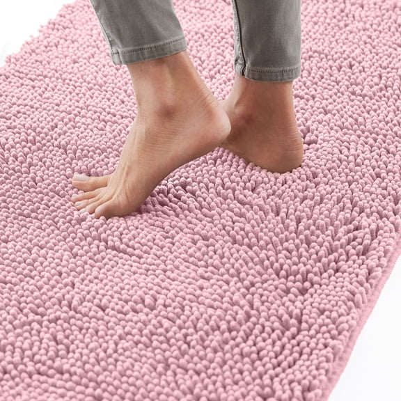 GORILLA GRIP Chenille Bath Rug 30x20, Rubber Backing Quick Dry Washable Microfiber Mats, Light Pink