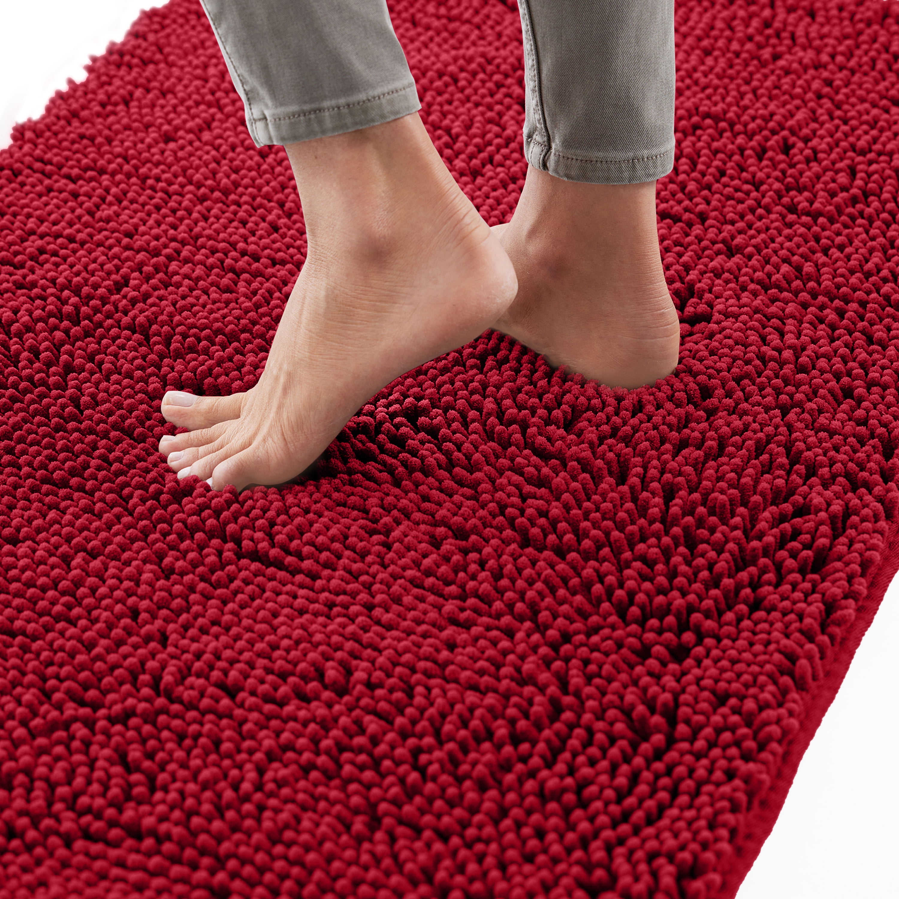 GORILLA GRIP Chenille Bath Rug 30x20, Rubber Backing Quick Dry Washable Microfiber Mats, Red