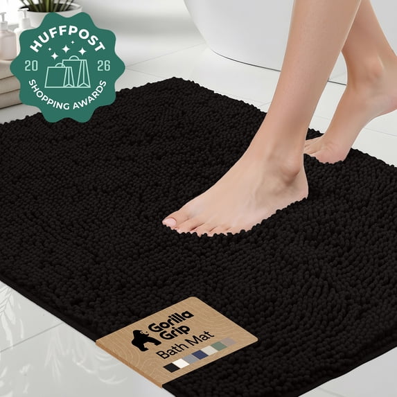 GORILLA GRIP Chenille Bath Rug 36x24, Rubber Back Quick Dry Washable Microfiber Bathroom Mats, Black