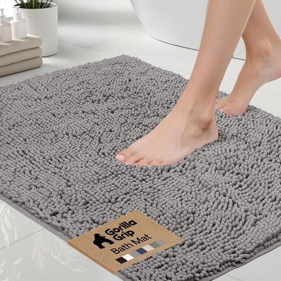 GORILLA GRIP Chenille Bath Rug 44x26, Rubber Back Quick Dry Washable Microfiber Bathroom Mats, Grey