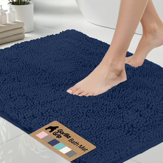 GORILLA GRIP Chenille Bath Rug 44x26, Rubber Backing Quick Dry Washable Microfiber Mats, Navy Blue